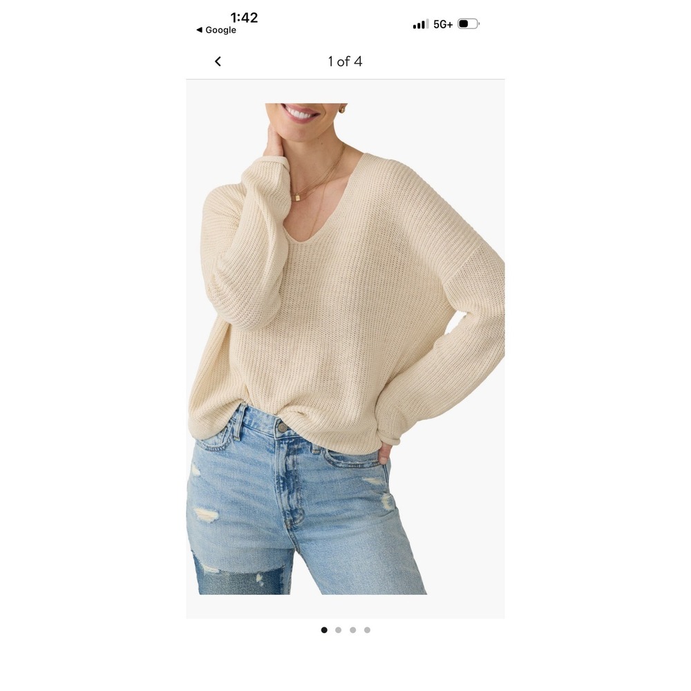 Faherty Brand Miramar Linen Organic Cotton Cream V-Neck Pullover Sweater S